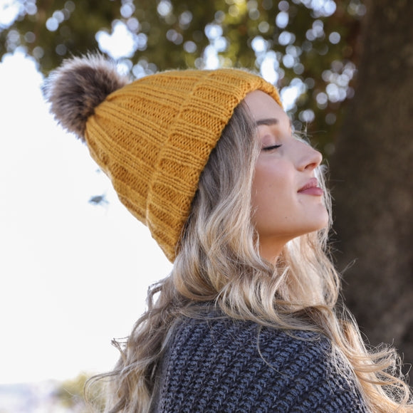 Mustard Toque with Faux Fur Pom
