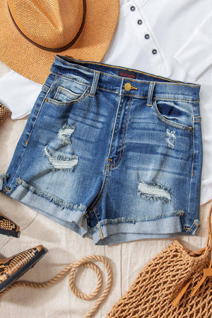 
            
                Load image into Gallery viewer, High Rise Distressed Denim Shorts
            
        